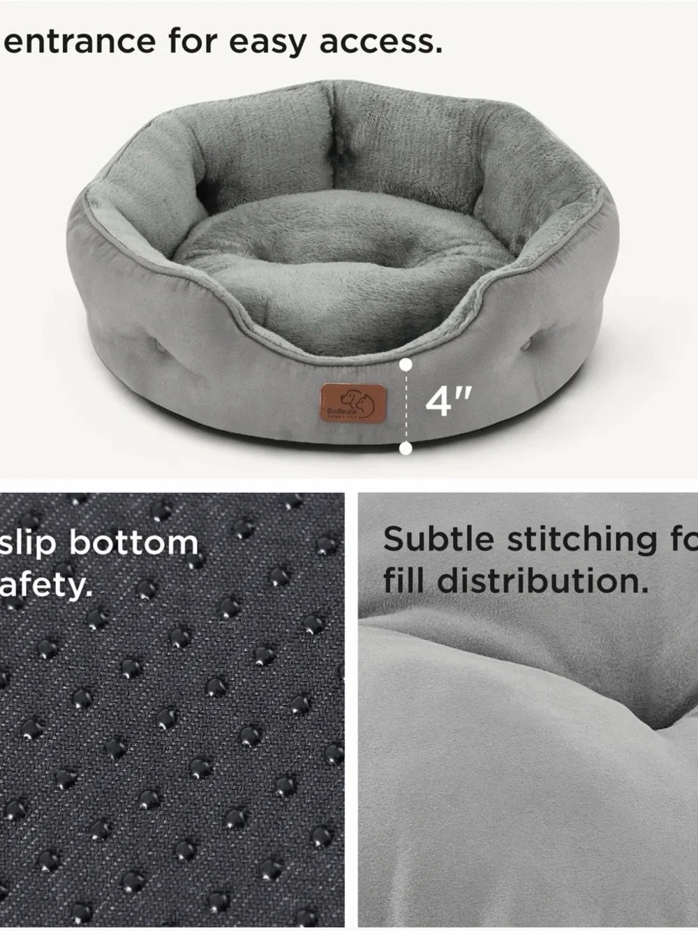 Bedsure Round Bolster Anti Slip Pet Bed Washable Pillow Cushion Gray Plush Soft